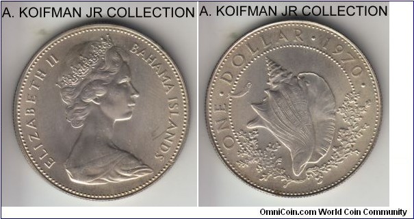 KM-8, 1970 Bahamas dollar; silver, reeded edge; Elizabeth II, small mintage of 27,000, average uncirculated, couple of small toning spots.