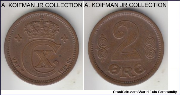 KM-813.1, 1914 Denmark 2 ore; bronze, plain edge; Christian X, brown good very fine to extra fine.