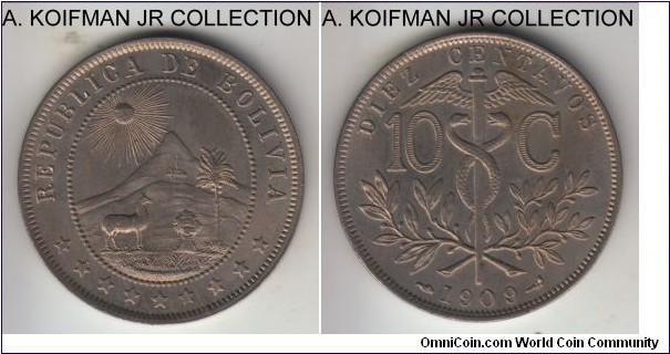 KM-174.3, 1909 Bolivia 10 centavos, Paris mint (torch privy mark); copper-nickel, plain edge; last year of the type, lightly toned uncirculated.