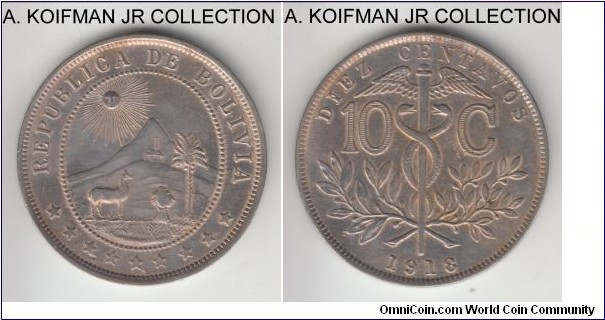 KM-174.1, 1918 Bolivia 10 centavos; copper-nickel, plain edge; smaller mintage year, extra fine details, cleaned.