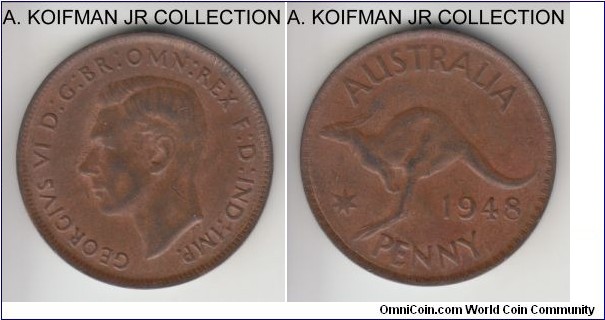KM-36, 1948 Australia penny, Perth mint (dot after PENNY); bronze, plain edge; first George VI type, light brown good extra fine.
