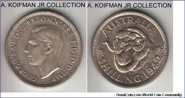 KM-39, 1942 Australia shilling, Melbourne mint (no mint mark); silver, reeded edge; George VI war time issue, scarcer than San Francisco minted, about uncirculated.