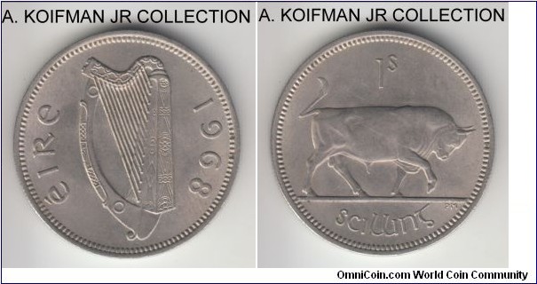 KM-14a, 1968 Ireland shilling; copper-nickel, reeded edge; late pre-decimal coinage, average uncirculated.