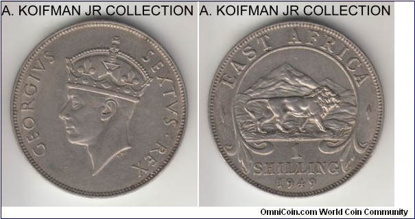 KM-31, 1949 East Africa shilling, Kings Norton mint (KN mint mark); copper-nickel, reeded edge; George VI, scarcer year/mint, good extra fine.