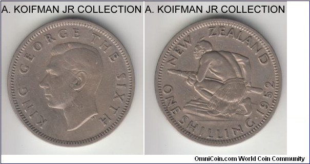 KM-17, 1952 New Zealand shilling; copper-nickel, reeded edge; George VI, post war coinage and last year, very fine details, cleaned.