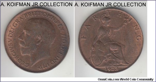 KM-808.2, 1923 Great Britain farthing; bronze, plain edge; George V, light brown uncirculated.