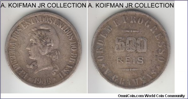 KM-506, 1906 Brazil 500 reis; silver, reeded edge; first year of the Liberty type, fine or about.