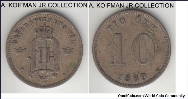 KM-755, 1899 Sweden 10 ore; silver, plain edge; Oscar II, average very fine or so.