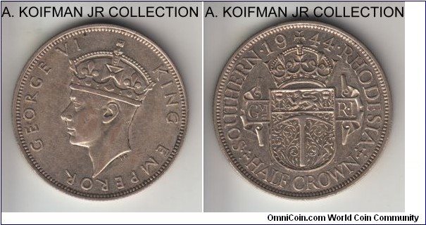 KM-15a, 1944 Southern Rhodesia 1/2 crown; silver, reeded edge; George VI, two year last silver type, about extra fine or so, pleasant problem free rims.