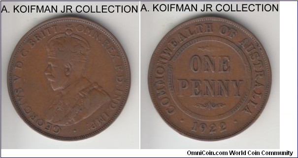 KM-23, 1922 Australia penny, Sydney or Peth mint (no mint mark); bronze, plain edge; George V, average circulated very good to fine.