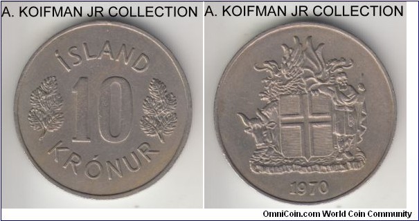 KM-15, 1970 Iceland 10 kronura; copper-nickel, plain edge; average uncirculated.