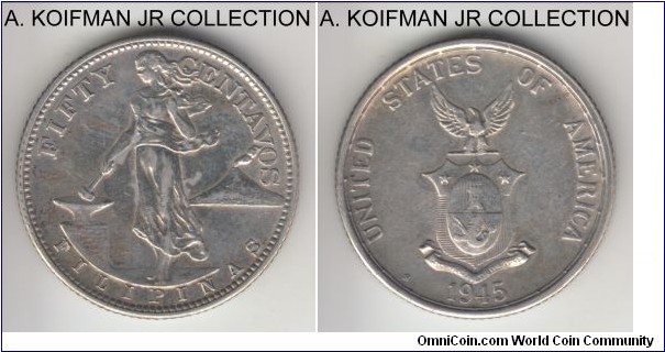 KM-183, 1945 Philippines (US-Philippines Commonwealth)  50 centavos, San Francisco mint (S mint mark); silver, reeded edge; 2 year World War II type minted for the US return to the Philippines, good very fine details with cleaned obverse.
