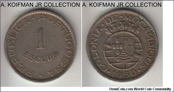 KM-77, 1950 Portuguese Mozambique (Colony) escudo; nickel-bronze, plain edge; decent circulated, very fine or so.