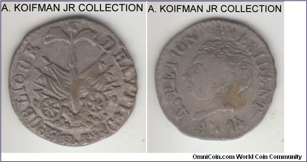 KM-13, AN 14 (1817) Haiti 12 centimes; silver, plain; early Western Republic, large bust variety, crude strike, about very fine for the type.
