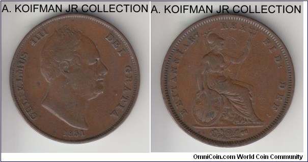 KM-707, 1831 Great Britain penny; copper, plain edge; William IV, first year, good very fine, strong rims, old cleaning.