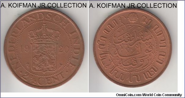 KM-316, 1920 Netherlands East Indies 2 1/2 cents; bronze, plain edge; Wilhelmina I, nice darker share of red uncirculated, a small minute area of brown toning on reverse.
