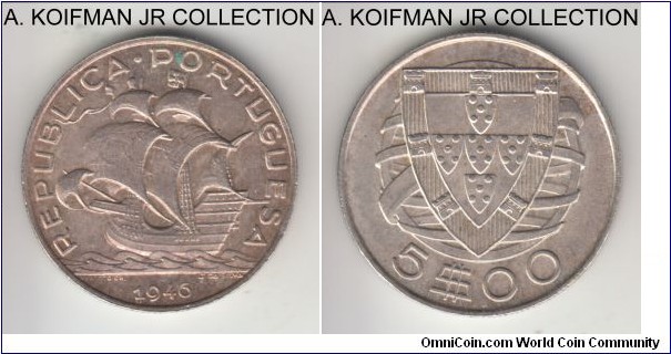 KM-581, 1946 Portugal 5 escudos; silver, reeded edge; key year with smallest mintage of the type but not terribly scarce unlike earlier years of Republic, average uncirculated, light toning.