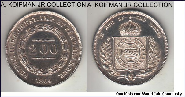 KM-469, 1864 Brazil 200 reis; silver, reeded edge; Pedro II, uncirculated or almost details likely wiped as was common.
