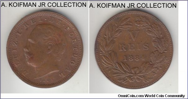 KM-525, 1884 Portugal 5 reis; bronze, plain edge; Luiz I, smaller mintage year, good very fine, a couple of stains.