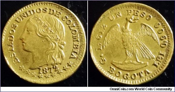 Colombia 1872 1 peso, Bogota mint. Struck in gold. Low mintage? Weight: 1.50g. 