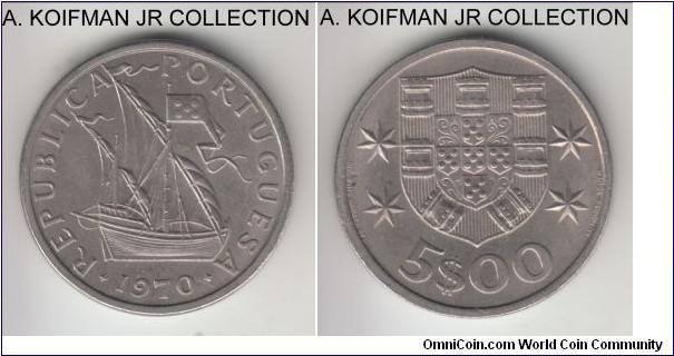 KM-591, 1970 Portugal 5 escudos; copper-nickel, reeded edge; smaller mintage year, average uncirculated.
