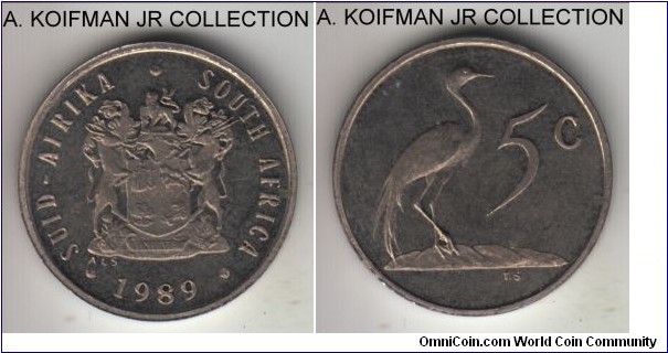 KM-84, 1989 South Africa 5 cents; proo, nickel, plain edge; last of the old style 5 cents, key year with only 93,801 coins minted between business (58,261) and proof (35,540) strikes, toned uncirculated specimen.