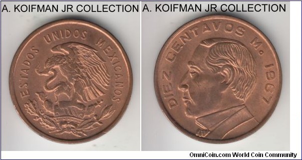 KM-433, 1967 Mexico 10 centabos; bronze, plain edge; Benito Juarez, last and common year, red uncirculated.