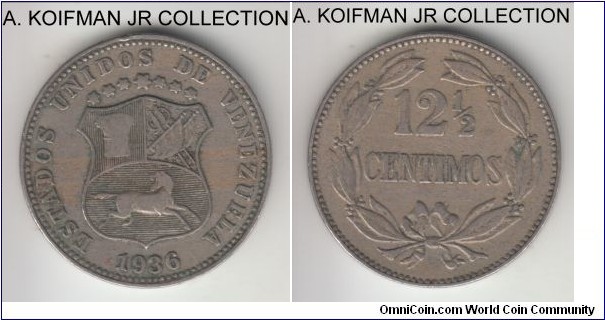 Y#28, 1936 Venezuela 12 1/2 centimos; copper-nickel, plain edge; good very fine, some toning.