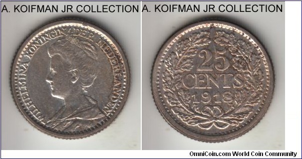 KM-146, 1918 Netherlands 25 cents; silver, reeded edge; Wilhelmina, relatively common issue, good very fine to about extra fine, obverse may have been cleaned but overall nicer grade coin, these are commonly found worn out.