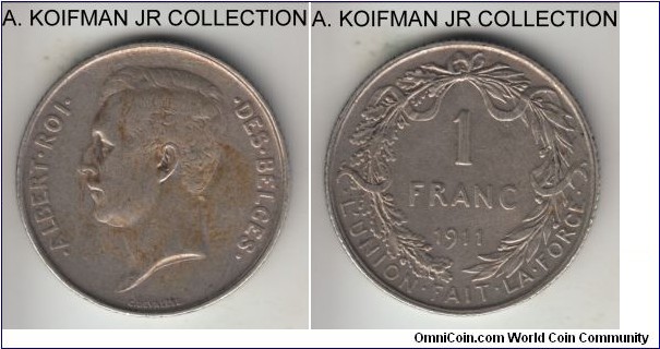 KM-72, 1911 Belgium franc; silver, reeded edge; Albert, average circulated.