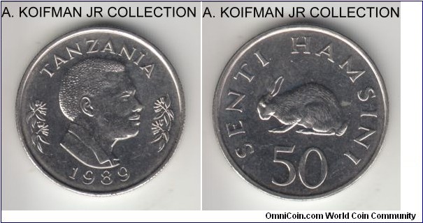 KM-26, 1990 Tanzania 50 senti; nickel clad steel, reeded edge; circulation coinage, average uncirculated.
