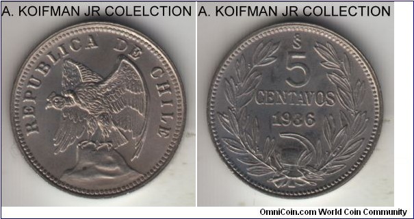 KM-165, 1936 Chile 5 centimos; copper-nickel, plain edge; average uncirculated, lightly toned.