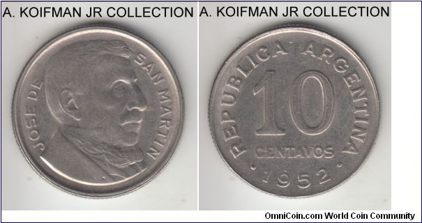 KM-47, 1952 Argentina 10 centavos; copper-nickel, reeded edge; Jose de San Martin circulation commemorative, 2-year type, about uncirculated.