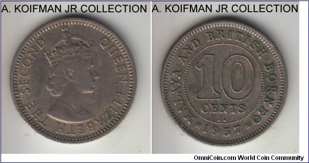 KM-2, 1957 Malaya and British Borneo 10 cents, Kings Norton mint (KN mint mark); copper-nickel, reeded edge; Elizabeth II, average circulated.