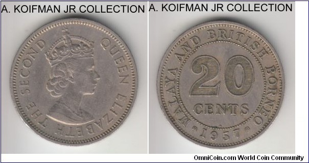 KM-3, 1957 Malaya and British Borneo 20 cents, Heaton mint (H mint mark); copper-nickel, reeded edge; Elizabeth II, decent very fine or so.