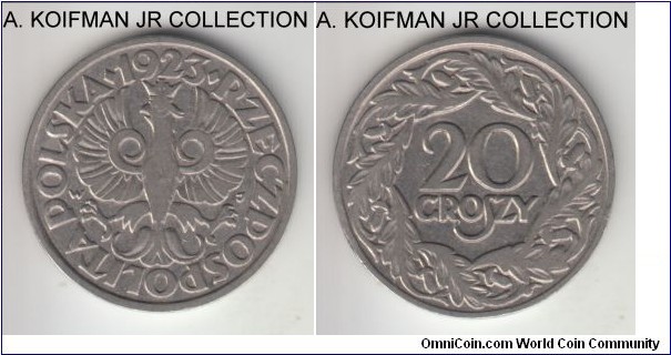 Y#12, 1923 Poland 20 groszy, Warsaw mint (WJ mint mark); nickel, plain edge; good very fine or better.