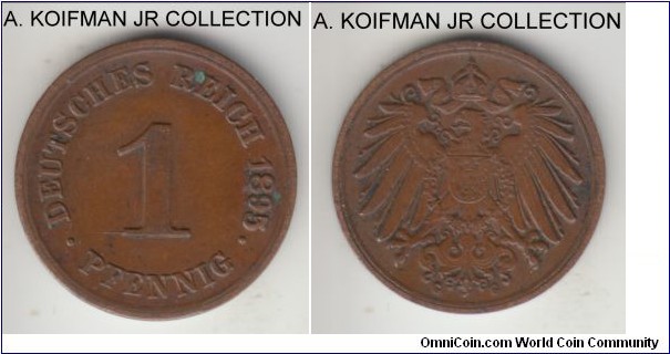 KM-10, 1895 Germany (Empire) pfenning, Karlsruhe mint (G mint mark); copper, plain edge; Wilhelm II, scarcer year/mint combination, good very fine, small obverse spot.