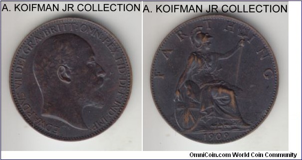 KM-792, 1909 Great Britain farthing; bronze, plain edge; Edward VII, blackened at mint, good extra fine.