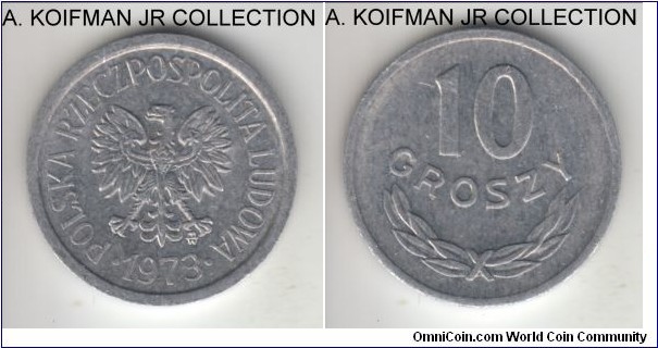 Y#AA47, Poland 1973 10 groszy, Warsaw mint (MW mint mark in monogram); aluminum, plain edge; toned uncirculated.