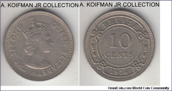 KM-35, 1976 Belize 10 cents; copper-nickel, reeded edge; Elizabeth II, better circulated, extra fine or almost.