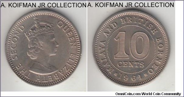 KM-2, 1961 Malaya and British Borneo 10 cents, Royal Mint (no mint mark); copper-nickel, reeded edge; Elizabeth II, nice uncirculated specimen.
