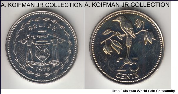 KM-49, 1978 Belize 25 cents, Franklin mint (mintmark in monogram); copper-nickel, reeded edge; Elizabeth II, small mintage of 5,458 in sets, special uncirculated finish, slightly mishandled.