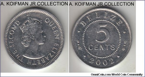 KM-34a, 2002 Belize 5 cents; aluminum, plain edge; Elizabeth II, decent circulated grade.