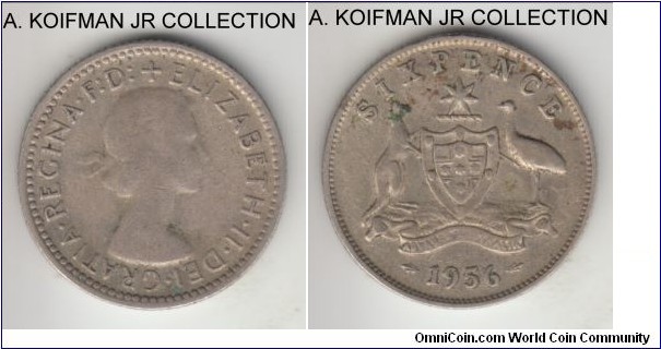KM-58, 1956 Australia 6 pence, Melbourne mint (no mint mark); silver, plain edge; Elizabeth II, pleasantly toned average circulated.