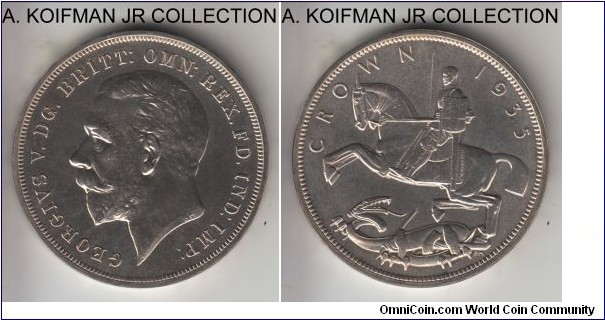KM-842, 1935 Great Britain crown; silver, incuse lettered edge; George V, Silver Jubilee of the reign, so called Art Deco crown, specimen in the box of issue, nice brilliant uncirculated and proof like.