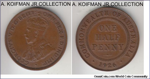 KM-22, 1926 Australia half penny, Melbourne or Sydney mint (no mint mark); bronze, plain edge; George V, good very fine or so.