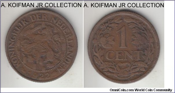 KM-152, 1922 Netherlands cent, Utrecht mint (no mintmark); bronze, reeded edge; Wilhelmina I, fine or about.