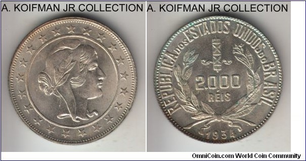 KM-526, 1934 Brazil (Republic) 2000 reis; silver, reeded edge; Liberty type, last year of the type, lightly toned uncirculated.