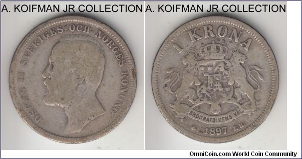 KM-760, 1897 Sweden krona; silver, reeded edge; Oscar II, well circulated, very good or about.