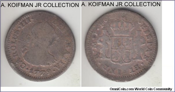 KM-69.2, 1779 Mexico (Colonial) 1/2 real, Mexico City mint (Mo mint mark), FF essayer mark; silver, corded edge; Charles III, very good or about, old natural toning, but may be ex-jewelry.